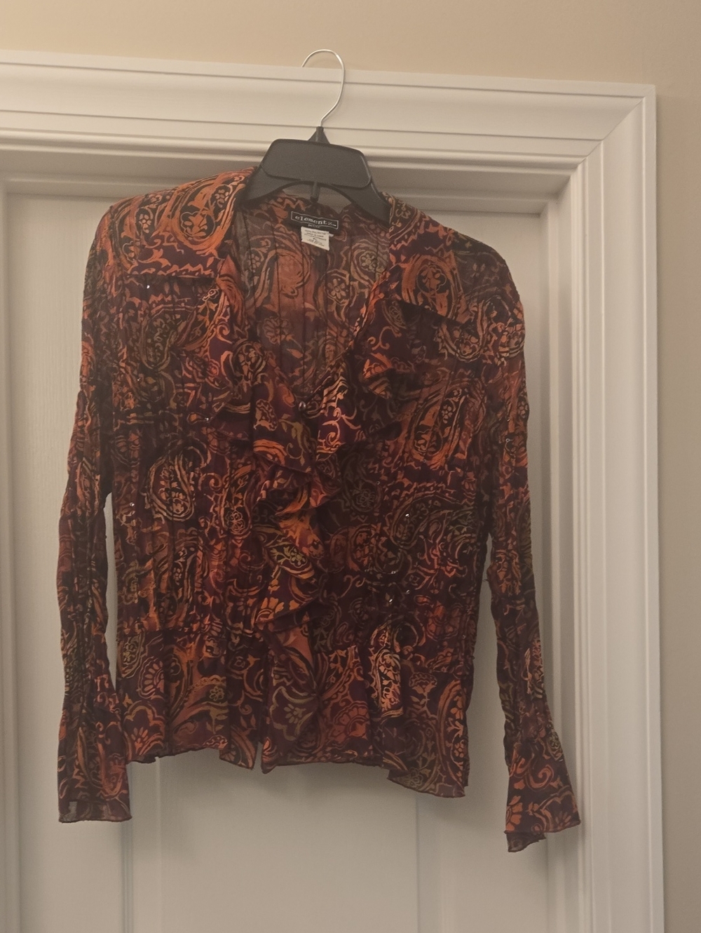 Elementz Burnt Orange and Black Paisley Ruffle-Front Blouse